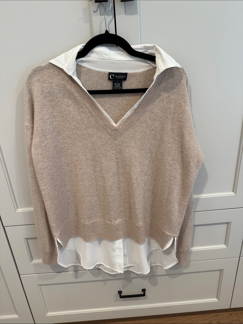 C by Bloomingdale's cashmere V-Neck Layered Pullover Sweater with Shirt Hem